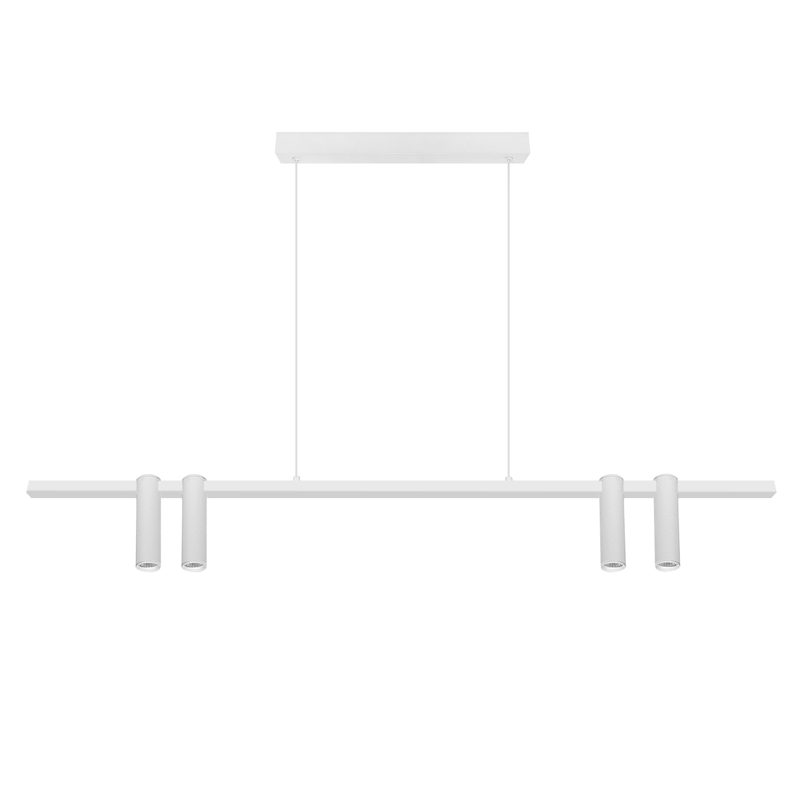 Lampa wisząca Kona z czterema oprawami LED o mocy 30W w kolorze białym. Ułożona poziomo, z minimalistycznym, prostokątnym designem. Wisi na cienkich linkach, z górną płaską osłoną. Idealna do nowoczesnych wnętrz.