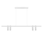 Lampa wisząca Kona z czterema oprawami LED o mocy 30W w kolorze białym. Ułożona poziomo, z minimalistycznym, prostokątnym designem. Wisi na cienkich linkach, z górną płaską osłoną. Idealna do nowoczesnych wnętrz.