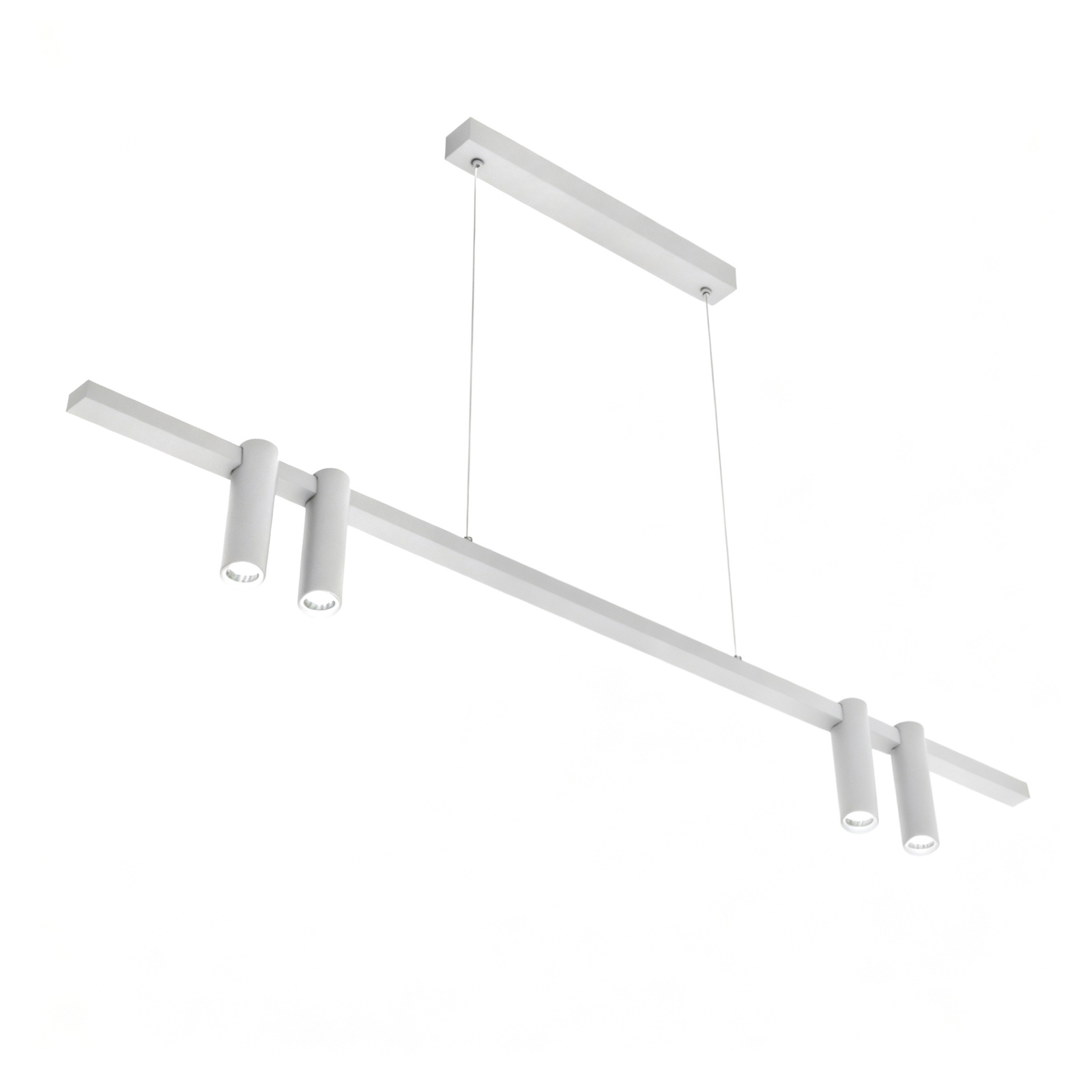 Lampa wisząca Kona z czterema źródłami LED 30W, w kolorze białym. Konstrukcja składa się z prostokątnej listwy i dwóch cylindrycznych punktów świetlnych. Produkt zawieszony na cienkich linkach, prezentowany na jednolitym białym tle.