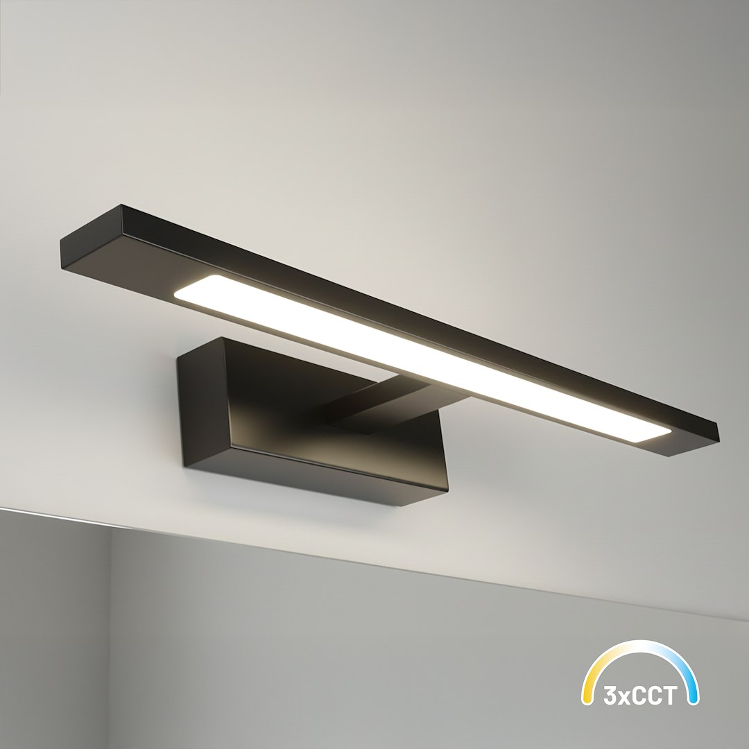 Kinkiet Klimt L40 LED 8W CCT IP44 w kolorze czarnym, montowany na ścianie. Posiada prostokątną metalową obudowę i wąski pasek światła LED. Oświetlenie o trzech temperaturach barwowych, idealne do łazienek lub innych przestrzeni.
