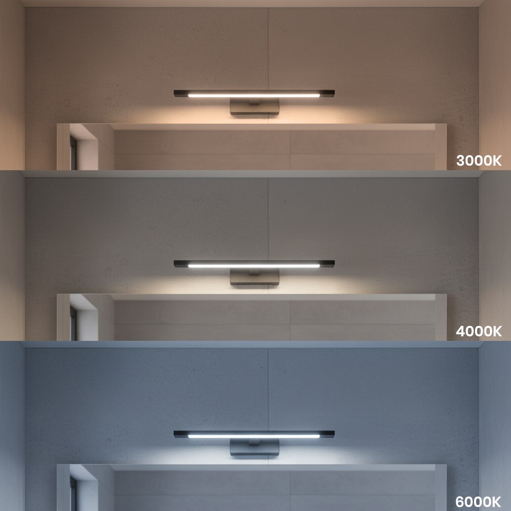 Kinkiet Klimt L40 LED 8W CCT IP44 w kolorze czarnym, zamontowany na ścianie, z widocznym efektem oświetlenia w trzech temperaturach barwowych: 3000K, 4000K i 6000K. Prosty, nowoczesny design, idealny do wnętrz.