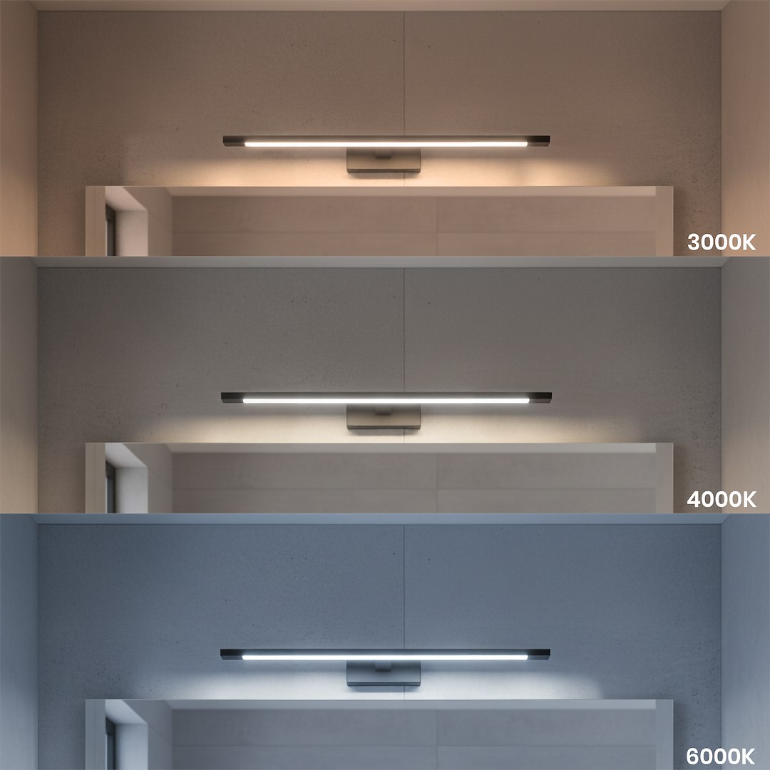 Kinkiet Klimt L60 LED 12W CCT IP44 w kolorze czarnym, zamontowany na ścianie. Przykłady oświetlenia w trzech temperaturach barwowych: 3000K, 4000K, 6000K, na tle szarej ściany. Elegancki, minimalistyczny design.