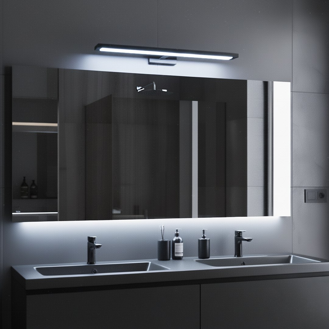 Kinkiet Klimt L60 LED 12W CCT IP44 w kolorze czarnym, zamontowany nad podwójną umywalką. Oświetlenie w nowoczesnym stylu, z prostą, smukłą formą, emituje jasne światło, idealne do łazienki. Tło w odcieniach szarości, minimalistyczne akcesoria na blacie.