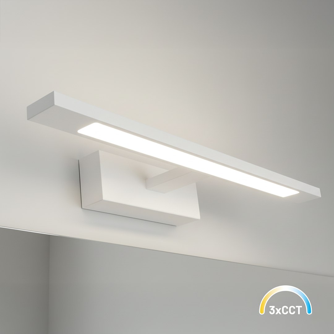 Kinkiet Klimt L40 LED 8W CCT IP44 w kolorze białym, prostokątny, zamontowany na ścianie. Posiada smukłą, liniową formę z wbudowanym źródłem światła LED, z możliwością regulacji barwy światła. Idealny do łazienek lub nowoczesnych wnętrz.