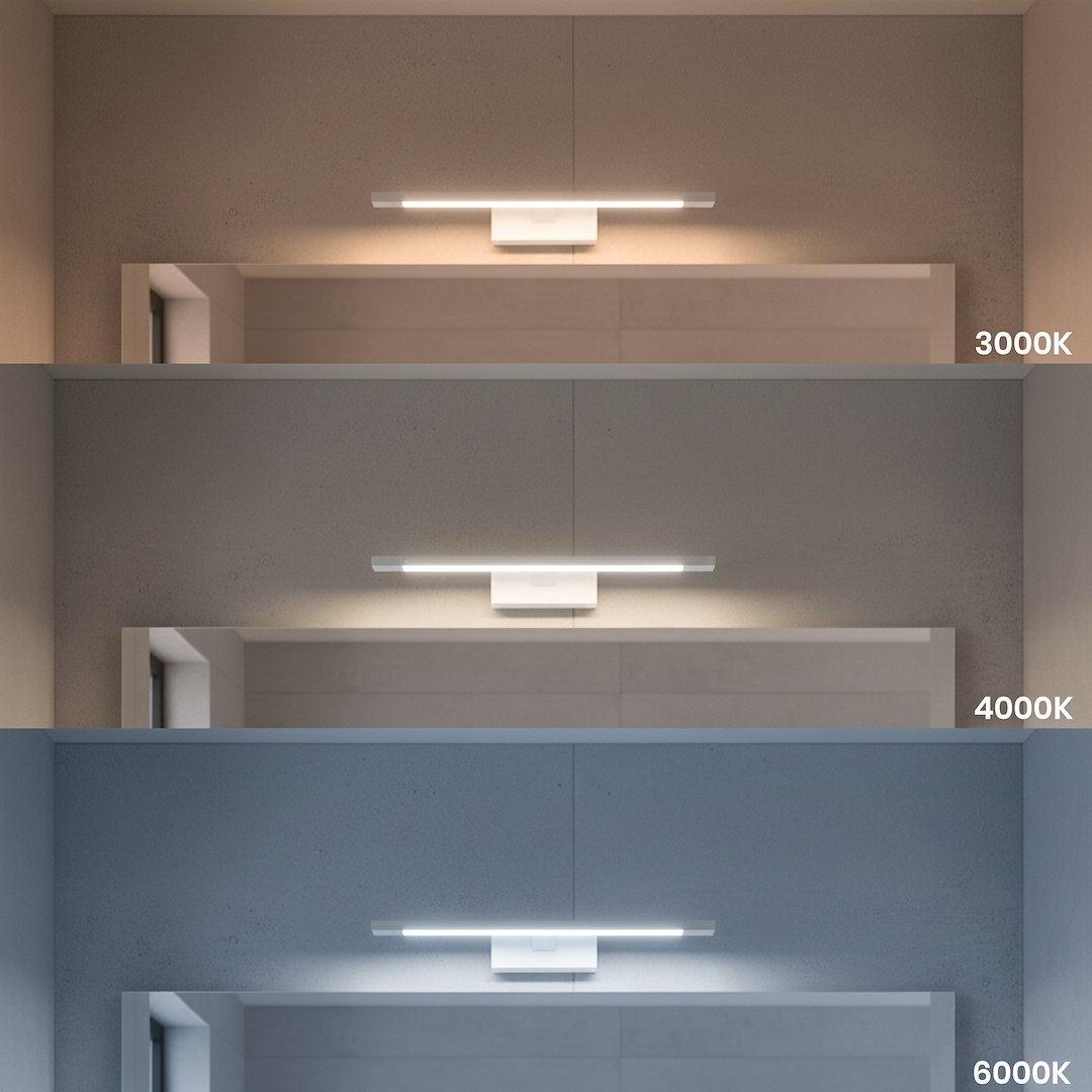 Kinkiet Klimt L40 LED 8W CCT IP44 w kolorze białym, zamontowany na ścianie. Trzy różne ustawienia barwy światła: 3000K, 4000K, 6000K. Prosta, nowoczesna forma z wbudowanymi diodami LED. Tło w odcieniach szarości.