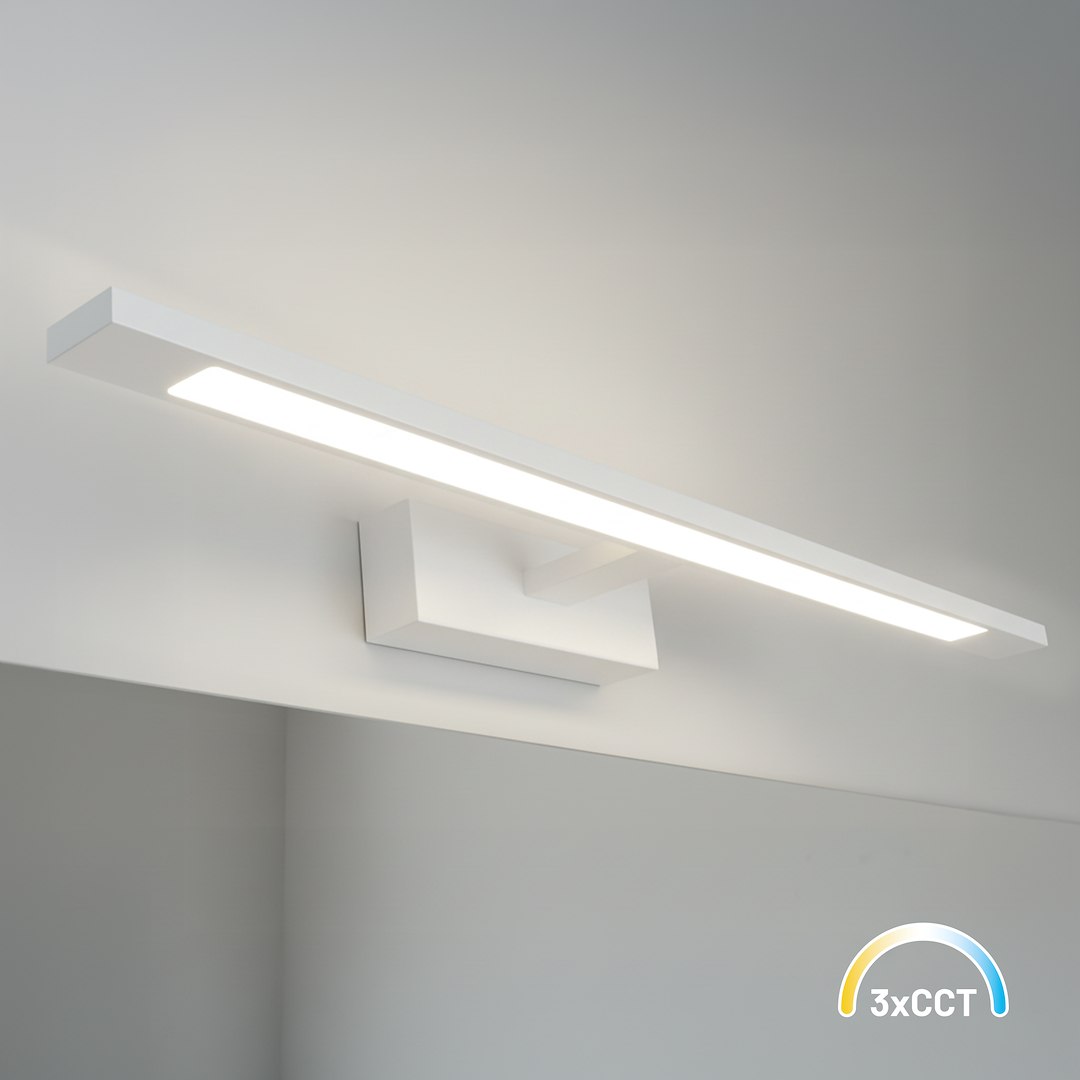 Kinkiet Klimt L60 LED 12W CCT w kolorze białym, montowany na ścianie. Posiada prostokątną, płaską oprawę oraz wbudowane źródło światła. Widoczne logo 3xCCT wskazujące na możliwość zmiany barwy światła.