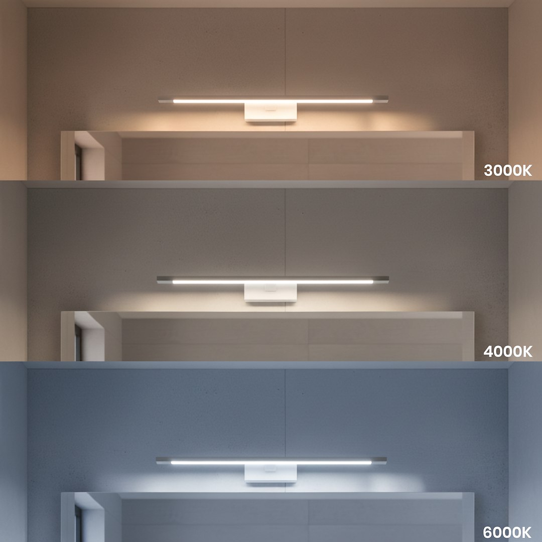 Kinkiet Klimt L60 LED 12W CCT w kolorze białym, montowany na ścianie, z trzema odcieniami światła: 3000K, 4000K i 6000K, pokazany w różnych ustawieniach na tle gładkich ścian.