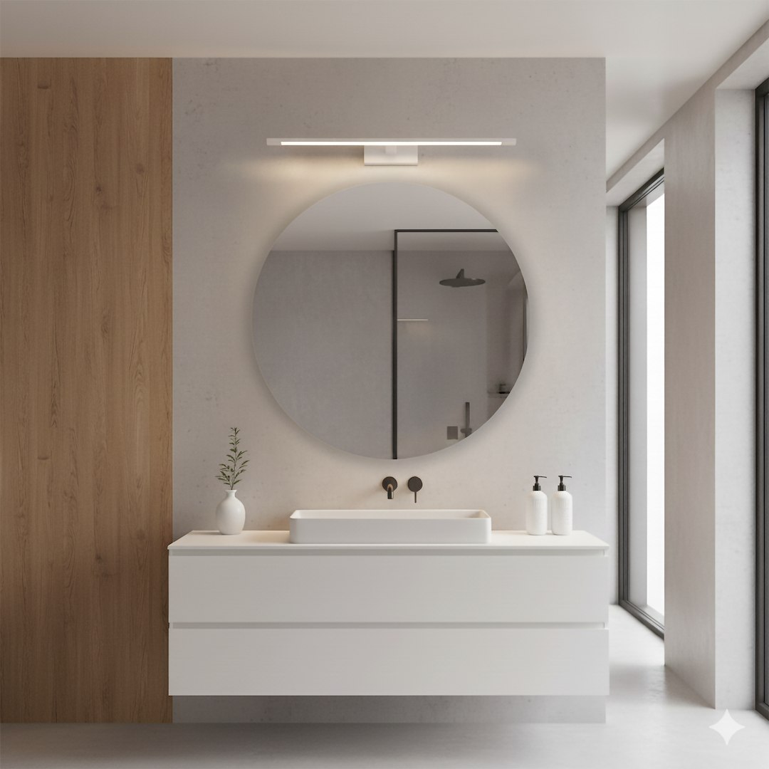 Kinkiet Klimt L60 LED 12W CCT IP44 w kolorze białym, zamontowany nad okrągłym lustrem. Minimalistyczny design, prosta linia, idealny do nowoczesnej łazienki. Otoczenie w jasnych, neutralnych kolorach, z drewnianym akcentem.