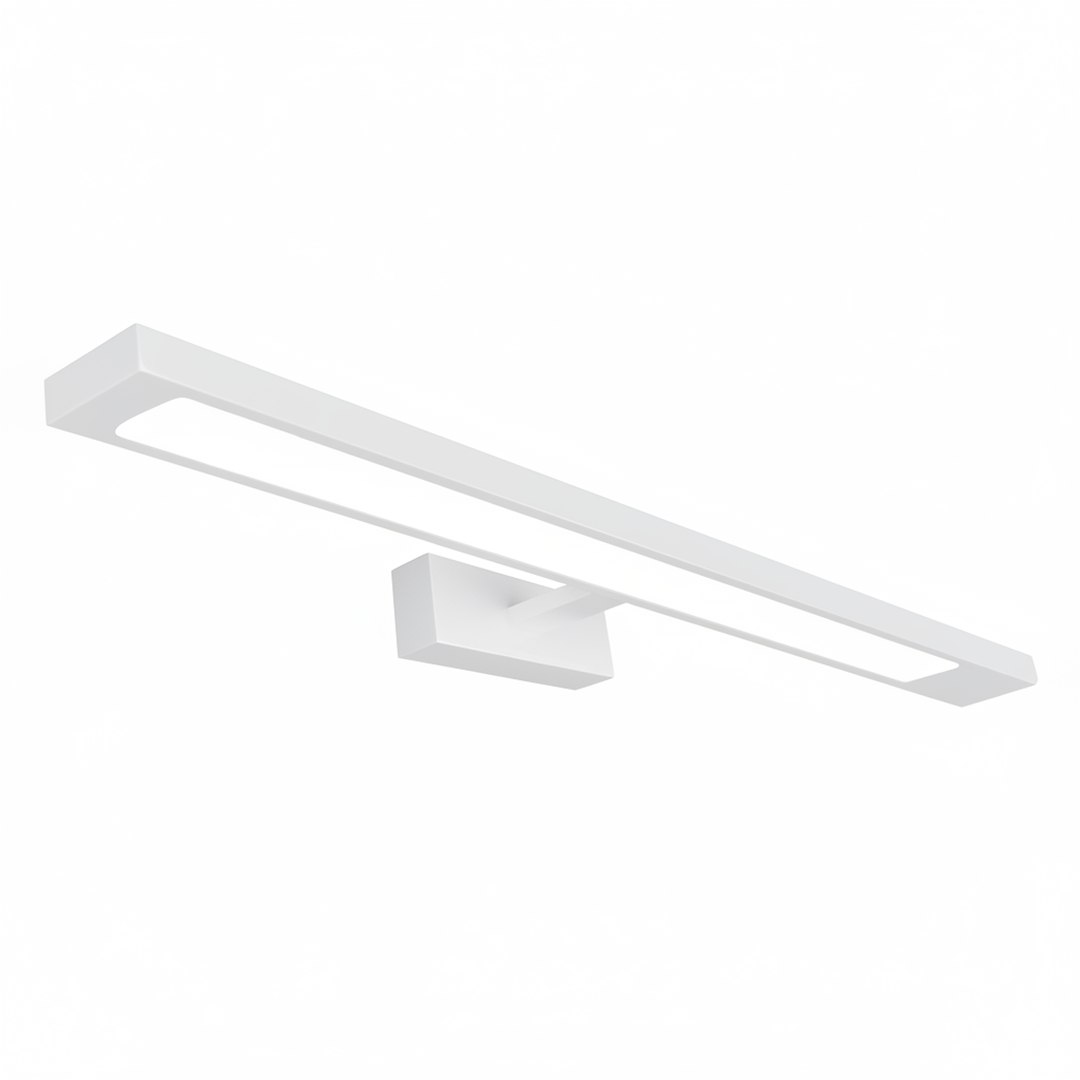 Kinkiet Klimt L60 LED 12W CCT IP44 w kolorze białym, o prostokątnym kształcie z wąskim, podłużnym źródłem światła. Zamontowany na prostokątnej podstawie, prezentowany z boku na jednolitym tle.