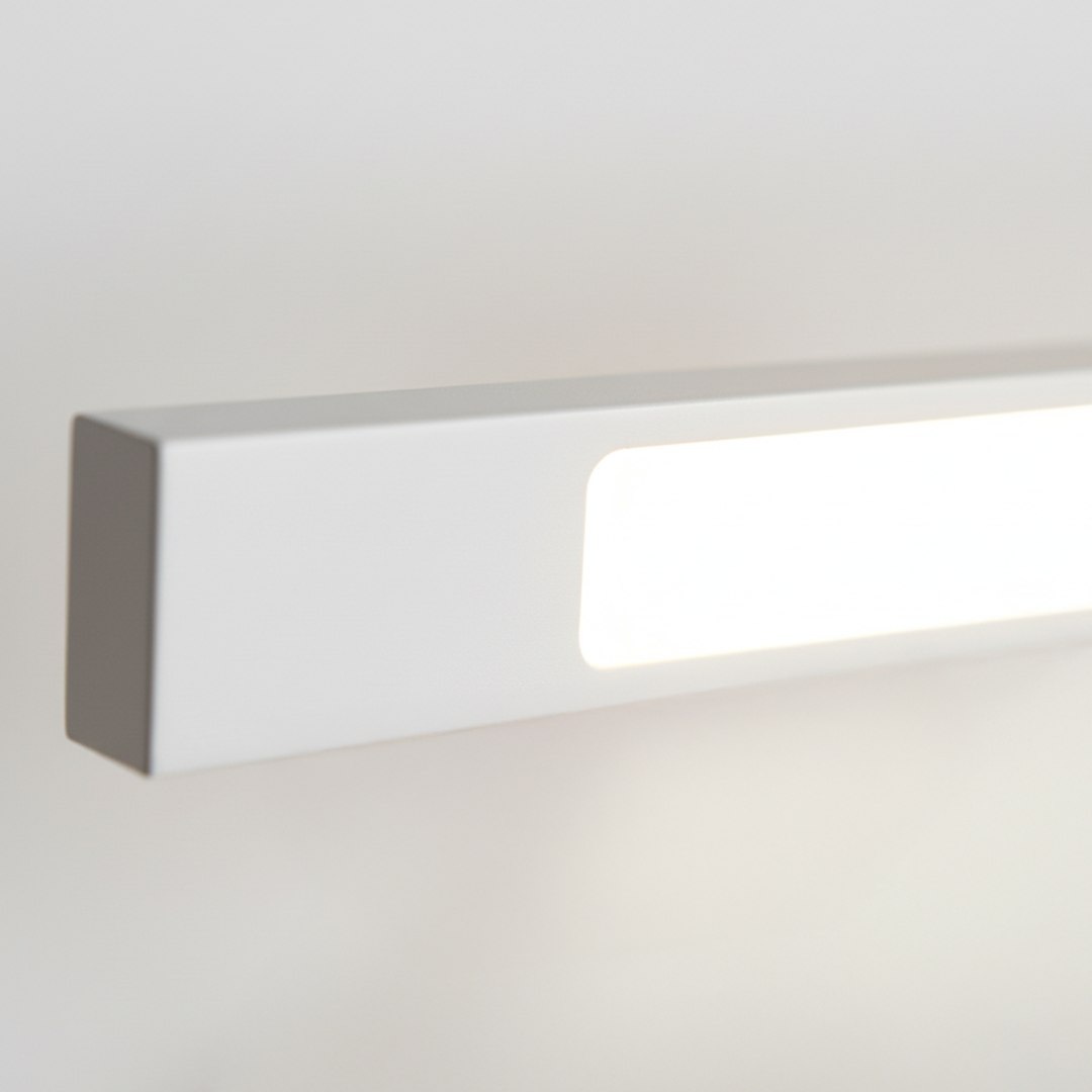 Kinkiet Klimt L60 LED 12W CCT IP44 w kolorze białym, o prostokątnym kształcie. Z przodu widoczny panel świetlny emitujący ciepłe światło. Ujęcie z boku, podkreślające gładką powierzchnię i minimalistyczny design.