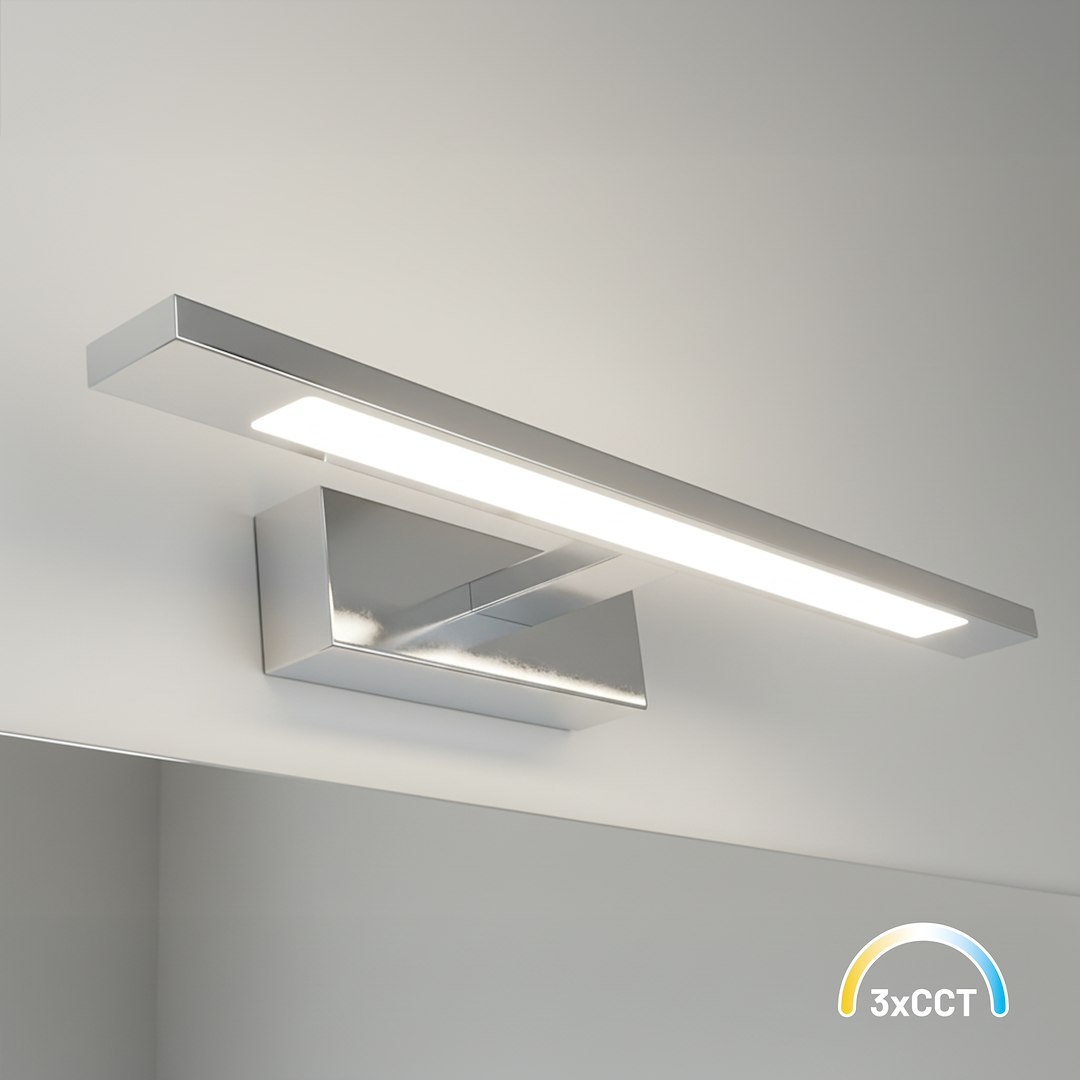Kinkiet Klimt L40 LED 8W CCT IP44 w kolorze chromu, z prostokątną podstawą i wąskim, podłużnym kloszem. Oświetlenie z funkcją zmiany temperatury barwowej. Zainstalowany na ścianie, w jasnym otoczeniu.