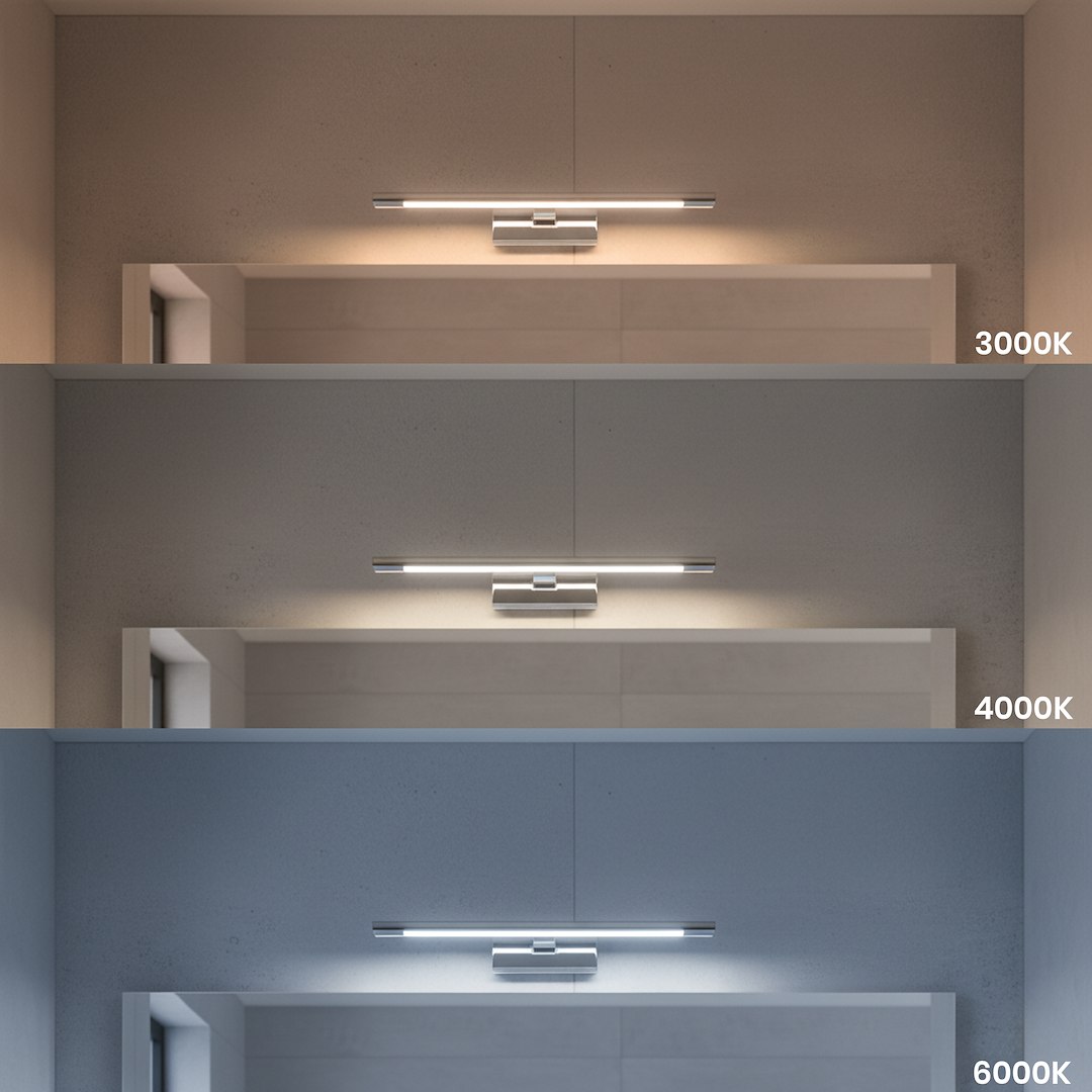 Kinkiet Klimt L40 LED 8W CCT IP44 w chromowanej obudowie, zamontowany na ścianie. Prezentuje trzy warianty temperatury barwowej światła: 3000K, 4000K i 6000K, widoczne na tle gładkiej, jasnej ściany.