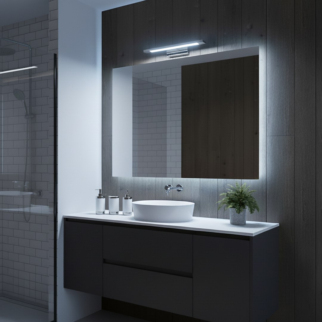 Kinkiet Klimt L40 LED 8W CCT IP44 w chromowanej obudowie, zamontowany nad lustrem w łazience. Produkt o prostym, nowoczesnym designie, emitujący jasne światło. Widoczny w kontekście eleganckiej aranżacji z ciemnym drewnem i białymi akcesoriami.