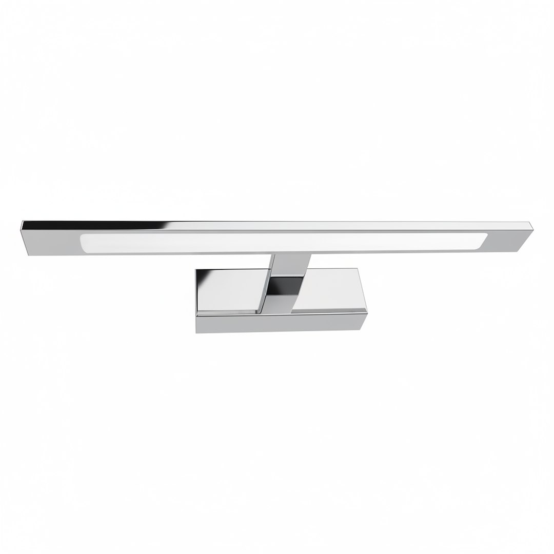 Kinkiet Klimt L40 LED 8W CCT IP44 w kolorze chromu, o prostokątnym kształcie, montowany na ścianie. Posiada płaską, szklaną oprawę LED, umieszczoną na eleganckiej podstawie. Zbliżenie na detal kształtu i wykończenia.