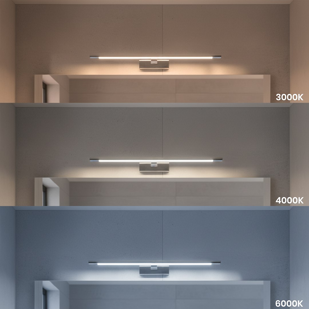 Kinkiet Klimt L60 LED 12W CCT w chromowanej obudowie, montowany na ścianie. Trzy ustawienia barwy światła: 3000K, 4000K i 6000K, pokazane na różnych odcieniach ściany. Prosty, liniowy design idealny do nowoczesnych wnętrz.