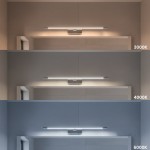 Kinkiet Klimt L60 LED 12W CCT w chromowanej obudowie, montowany na ścianie. Trzy ustawienia barwy światła: 3000K, 4000K i 6000K, pokazane na różnych odcieniach ściany. Prosty, liniowy design idealny do nowoczesnych wnętrz.