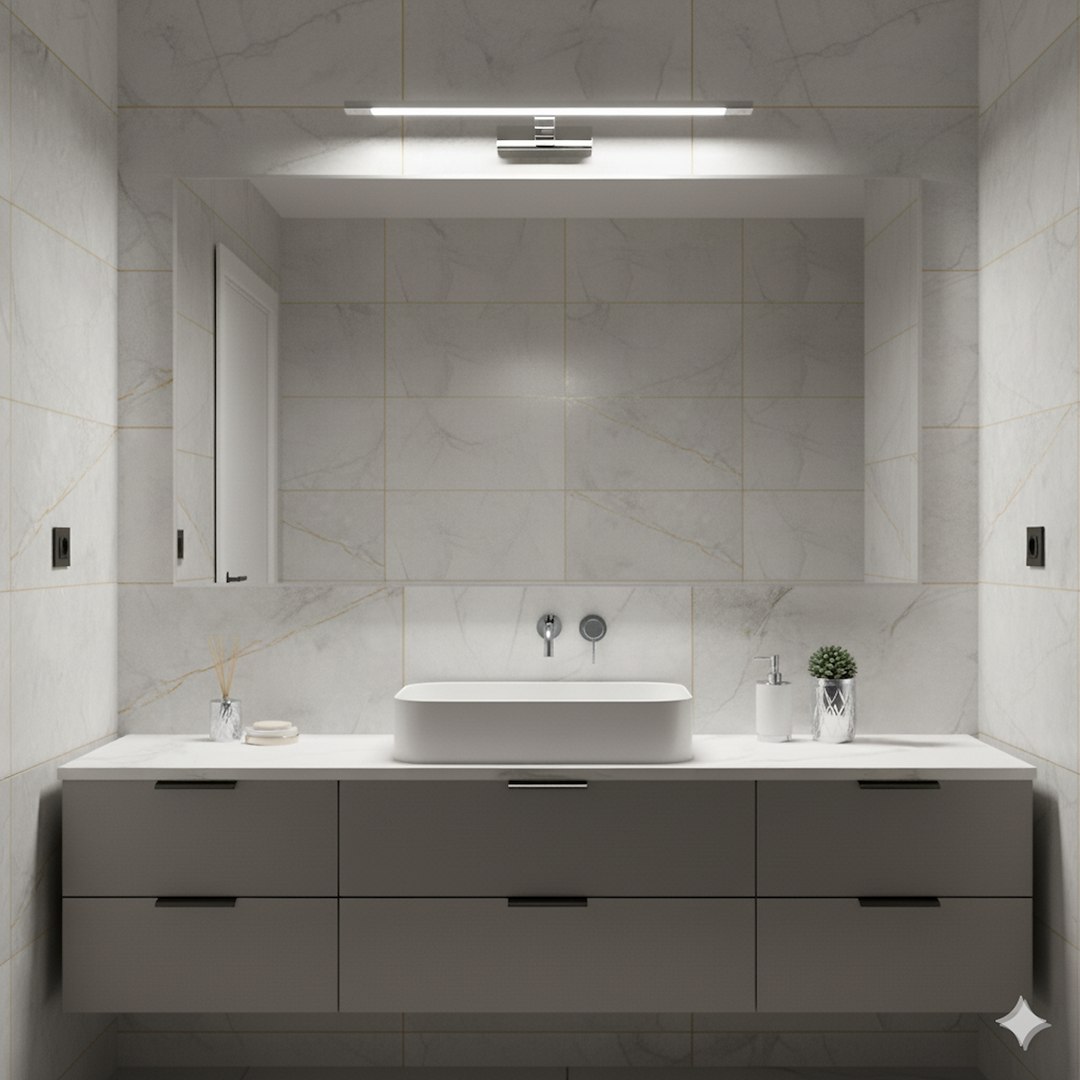 Kinkiet Klimt L60 LED 12W CCT IP44 w chromowanej obudowie, zamontowany nad umywalką. Oświetlenie skierowane w dół, na jasnym tle marmurowych płytek. Produkt idealny do łazienek, odporny na wilgoć.