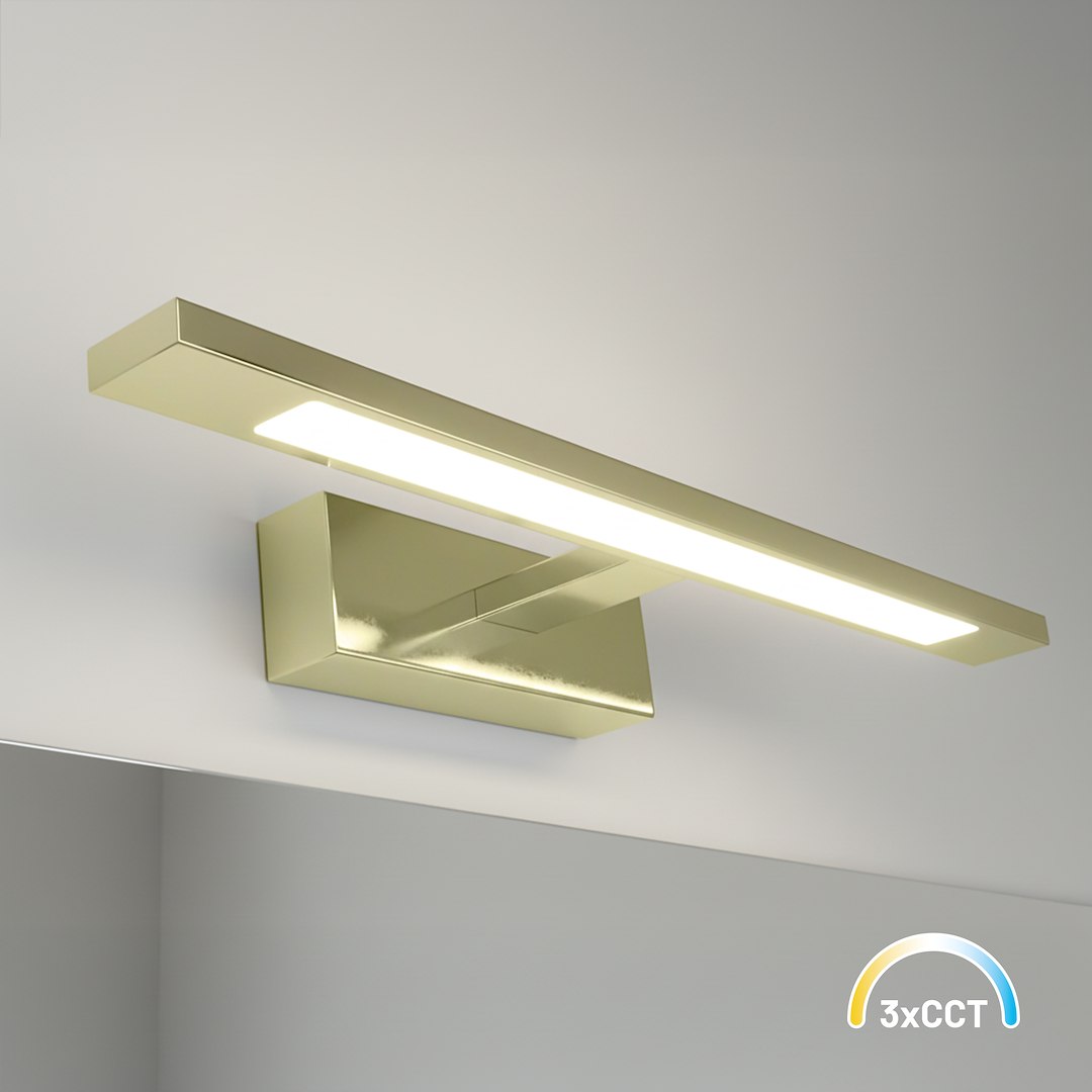 Kinkiet Klimt L40 LED 8W CCT IP44 w kolorze złotym, prostokątny, zamontowany na ścianie. Emituje ciepłe światło, z możliwością zmiany temperatury barwowej. Gładka, błyszcząca powierzchnia, minimalistyczny design.