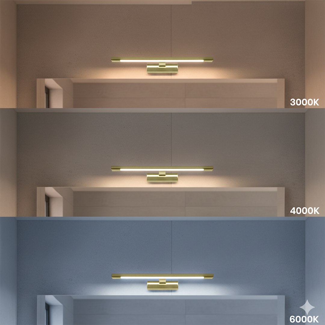 Kinkiet Klimt L40 LED 8W CCT IP44 w kolorze złotym, zamocowany na ścianie, z trzema wariantami temperatury barwowej: 3000K, 4000K i 6000K, pokazany na tle jasnej ściany.
