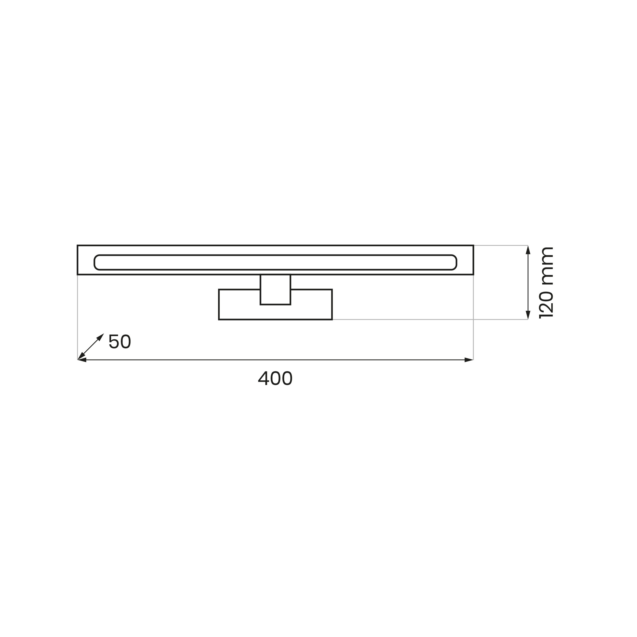 Kinkiet Klimt L40 LED 8W CCT IP44 w kolorze złotym, o wymiarach 400 mm długości, 50 mm szerokości i 120 mm wysokości. Ujęcie frontalne pokazuje prostokątną obudowę z wbudowanym źródłem światła LED.