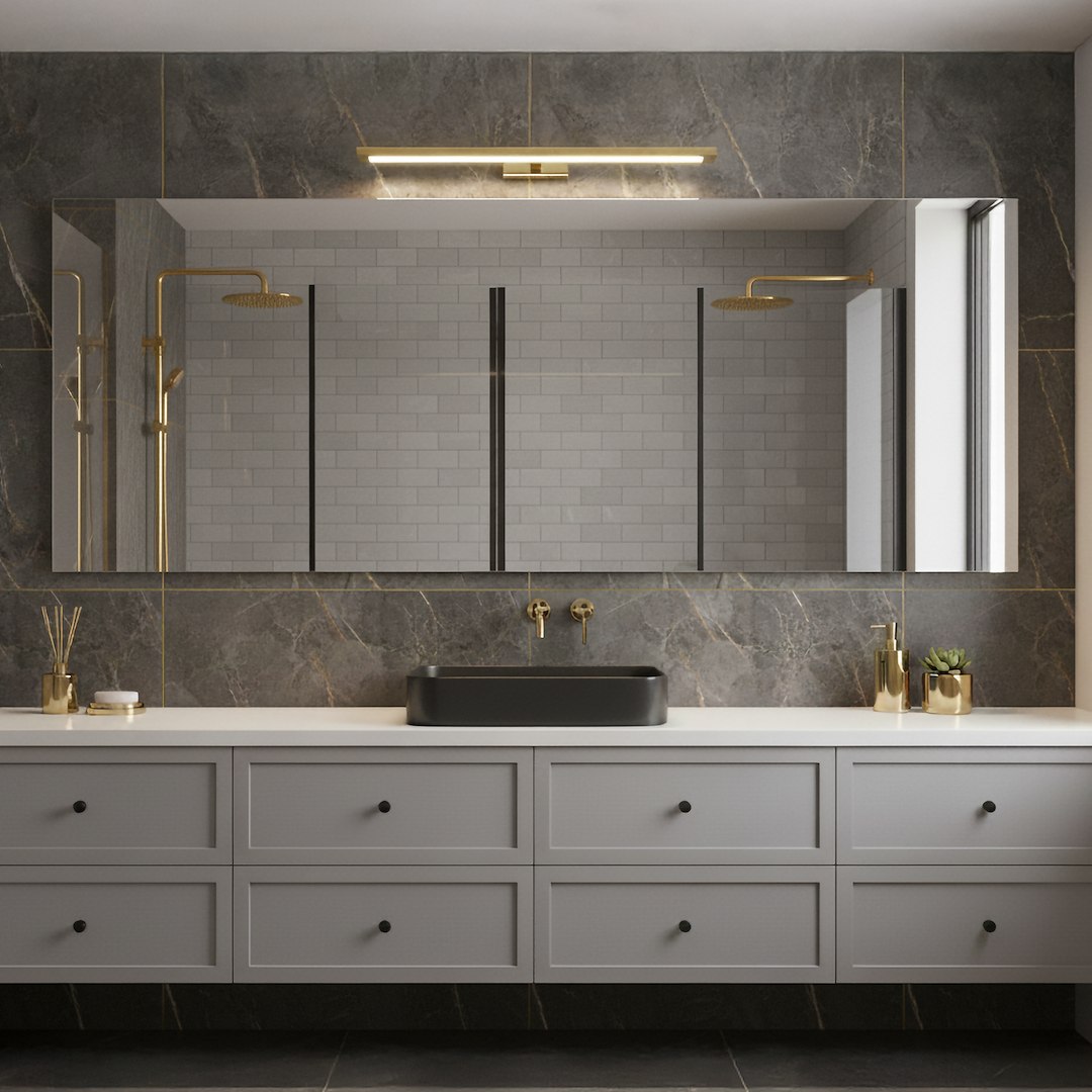 Kinkiet Klimt L60 LED 12W CCT IP44 w kolorze złotym, montowany nad lustrem w nowoczesnej łazience. Oświetlenie w prostej formie, emitujące ciepłe światło, umieszczone na tle szarej, marmurowej ściany.