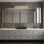 Kinkiet Klimt L60 LED 12W CCT IP44 w kolorze złotym, montowany nad lustrem w nowoczesnej łazience. Oświetlenie w prostej formie, emitujące ciepłe światło, umieszczone na tle szarej, marmurowej ściany.