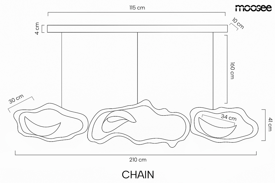 Lampa wisząca LED Chain 210, złota, o wymiarach 210 cm długości, 115 cm szerokości, 4 cm wysokości. Posiada trzy unikalne, organiczne klosze o wysokości 30 cm i 41 cm, zawieszone na przewodach. Temperatura barwowa 3000K.