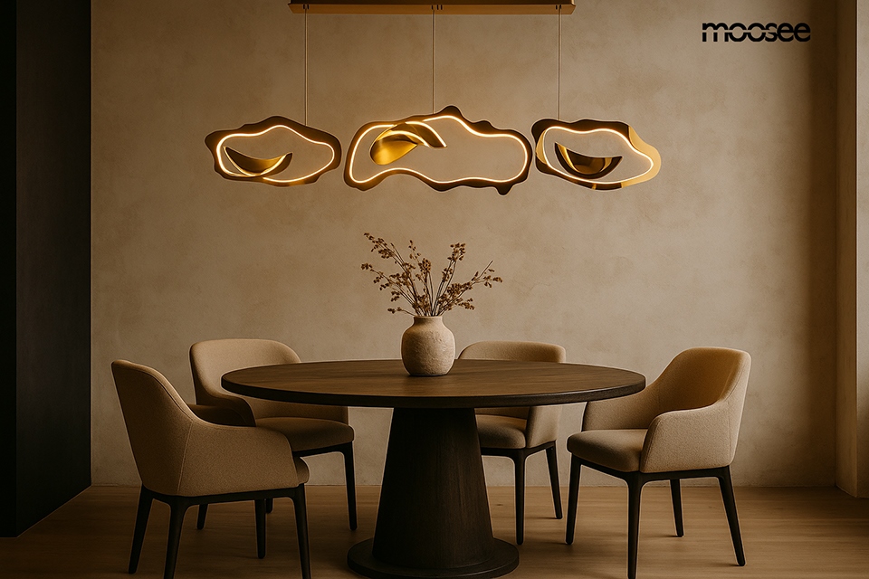 Lampa wisząca LED Chain 210, moc 54W, kolor złoty, z organicznymi, falistymi kształtami. Zawieszona nad okrągłym drewnianym stołem, w aranżacji z jasnymi krzesłami i wazonem z kwiatami, na tle gładkiej, ciepłej ściany.