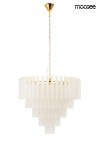 Lampa wisząca Gordon 80, złota, z 21 miejscami na żarówki E14. Posiada warstwową konstrukcję z białych, prostokątnych elementów, w kształcie stożka. Zawieszona na złotym łańcuchu, z okrągłym mocowaniem sufitowym.