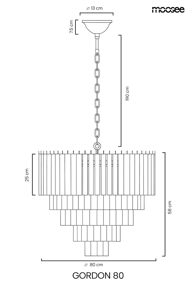 Lampa wisząca Gordon 80, złota, z 21 gniazdami E14. Okrągła podsufitka o średnicy 13 cm, długość 190 cm, wysokość klosza 25 cm, średnica 80 cm. Kaskadowa konstrukcja z poziomymi paskami. Idealna do nowoczesnych wnętrz.