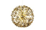 Lampa wisząca Monete 50, złota, o okrągłym kształcie, z 12 miejscami na żarówki G9. Wykonana z metalowych prętów i dekoracyjnych elementów w różnych odcieniach złota i czerni, zawieszona na cienkim przewodzie.