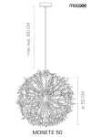 Lampa wisząca Monete 50 w kolorze złotym, średnica 50 cm, wysokość maksymalna 180 cm. Stylowy design z 12 miejscami na żarówki G9, przedstawiona w widoku frontalnym z wymiarami.