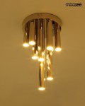 Lampa sufitowa Organo z dziewięcioma lampkami LED o mocy 10W, w kolorze złotym. Ułożona w formie wiszących, cylindrycznych elementów, emitujących ciepłe światło (3000K). Montaż sufitowy, z eleganckim wykończeniem, idealna do nowoczesnych wnętrz.