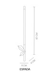 Kinkiet LED Espada o mocy 6W i temperaturze barwowej 3000K w kolorze złotym. Wymiary: wysokość 87 cm, szerokość 11 cm, głębokość 4 cm. Prosty, nowoczesny design z elementem dekoracyjnym w kształcie ostrza.