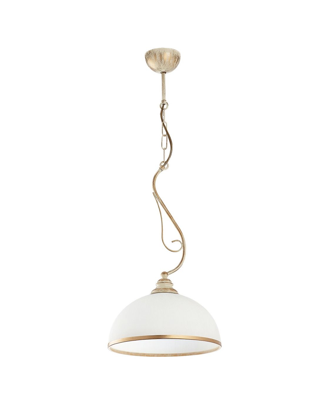 Lampa wisząca Xsara z kloszem w kolorze ecru i złotą obręczą, zawieszona na dekoracyjnym łańcuchu. Klosz ma półkulisty kształt, a całość jest zamontowana na suficie. Idealna do eleganckich wnętrz.