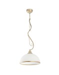 Lampa wisząca Xsara z kloszem w kolorze ecru i złotą obręczą, zawieszona na dekoracyjnym łańcuchu. Klosz ma półkulisty kształt, a całość jest zamontowana na suficie. Idealna do eleganckich wnętrz.