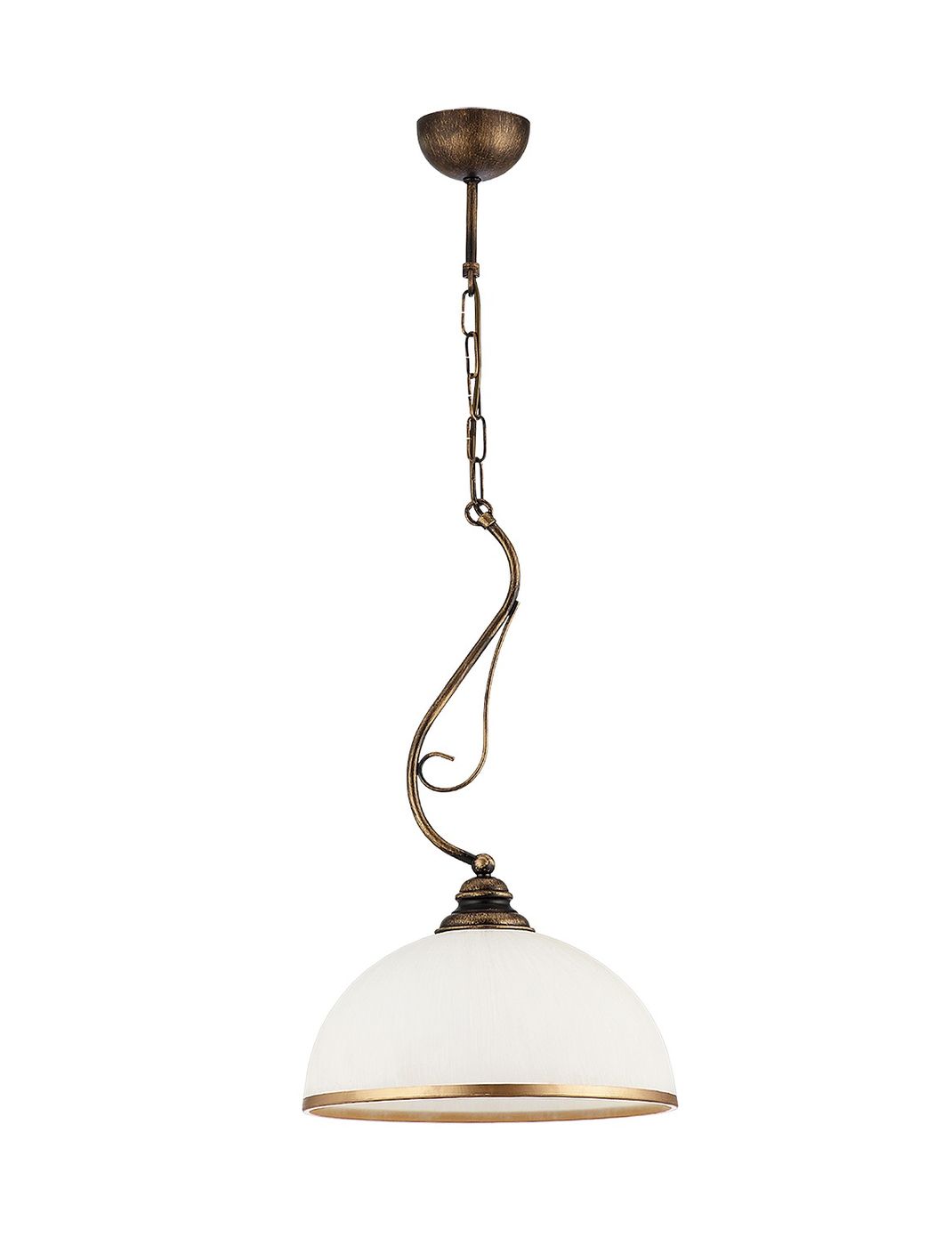 Lampa wisząca Xsara z brązowej patynowanej stali, zawieszona na łańcuchu. Okrągły klosz w kolorze białym z złotym wykończeniem u dołu. Kształt półkulisty, zamontowana na sufitowej podstawie. Wymiary klosza są niewidoczne.