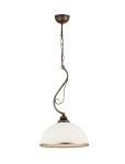 Lampa wisząca Xsara z brązowej patynowanej stali, zawieszona na łańcuchu. Okrągły klosz w kolorze białym z złotym wykończeniem u dołu. Kształt półkulisty, zamontowana na sufitowej podstawie. Wymiary klosza są niewidoczne.
