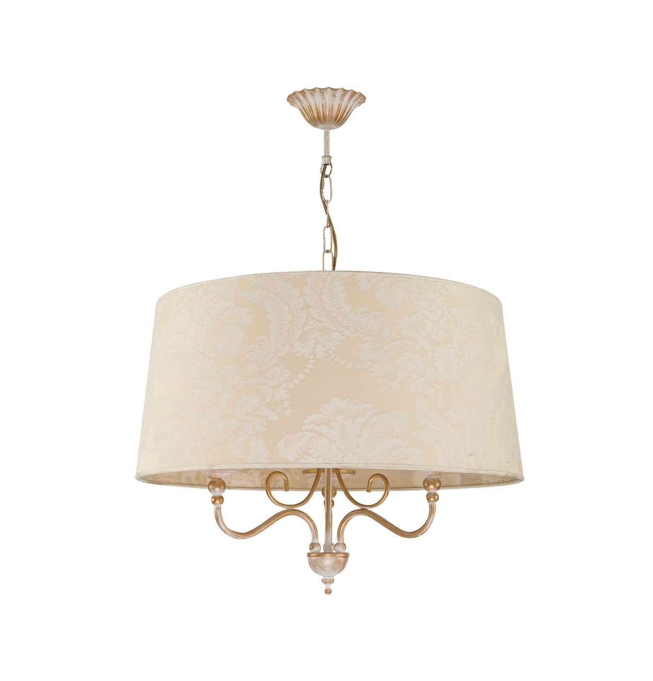 Żyrandol Sofia w kolorze złotym i białym, z kloszem w delikatny wzór, zawieszony na łańcuchu. Posiada trzy oprawy E27, widoczna metalowa konstrukcja z eleganckimi zdobieniami. Klosz o okrągłym kształcie. Tło jasne, proste.