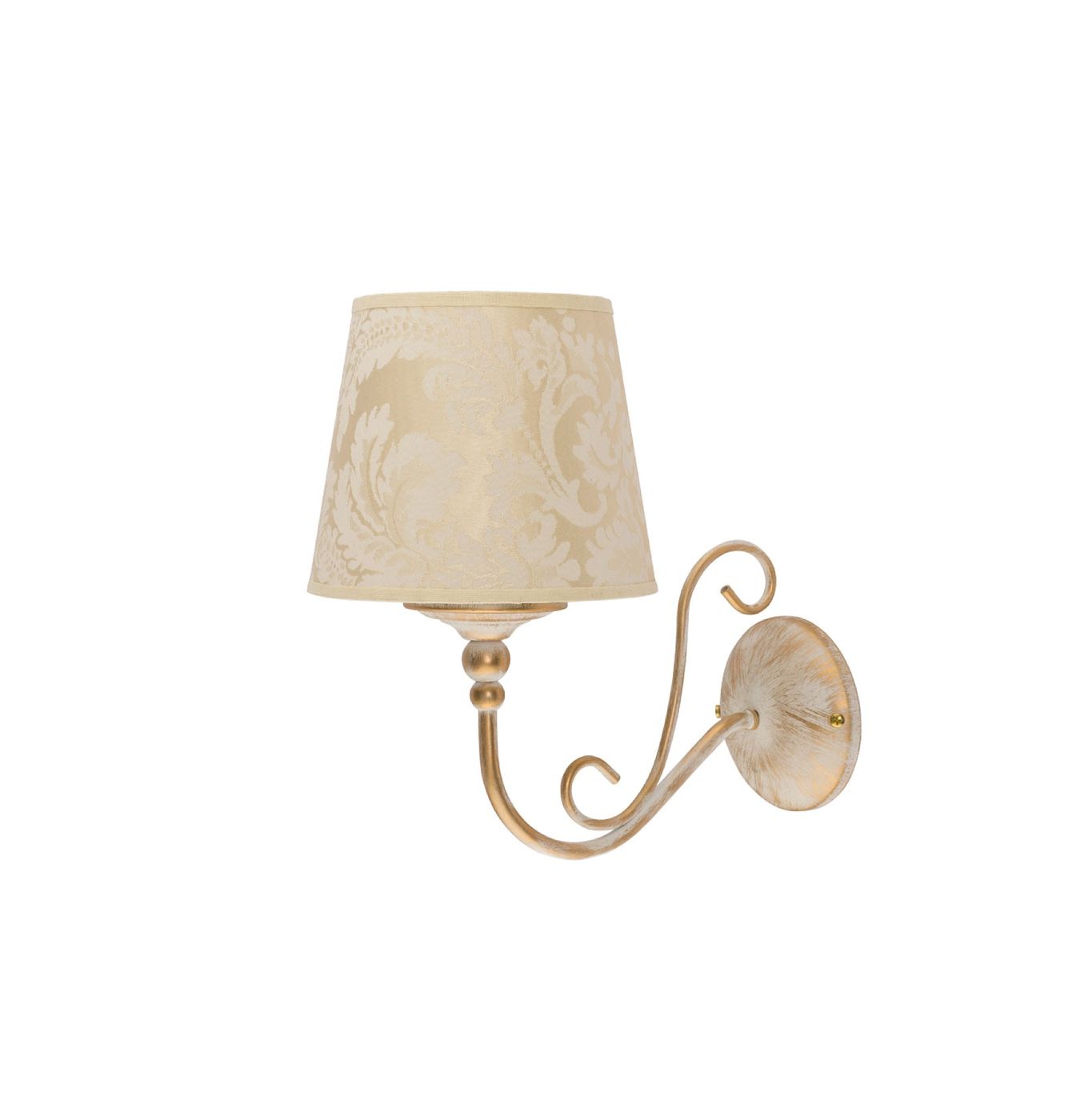 Kinkiet Sofia 1xE27 w kolorze złotym z biało-złotym abażurem o delikatnym wzorze. Produkt montowany na ścianie, z dekoracyjnym, zakrzywionym ramieniem. Abażur ma kształt stożkowaty, a całość ma elegancki, klasyczny design.