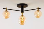 Lampa sufitowa Figaro z czarnym metalowym korpusem, z czterema bursztynowymi kloszami w kształcie kul. Ułożona poziomo, z widocznymi złotymi akcentami, zamocowana na okrągłej podstawie. Idealna do nowoczesnych wnętrz.