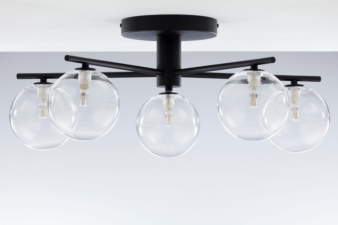 Lampa sufitowa Prato w kolorze czarnym z pięcioma transparentnymi kulistymi kloszami. Ujęcie z dołu, ukazujące metalowy stelaż oraz miejsce na żarówki G9. Klosze mają gładką, przezroczystą fakturę, montowane do sufitu.