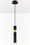 Lampa wisząca Alas z jedną oprawą GU10, w kolorze czarnym z metalowymi złotymi akcentami. Cylindryczny kształt z matowym wykończeniem, zawieszona na czarnym kablu. Prosta, elegancka konstrukcja, idealna do nowoczesnych wnętrz.