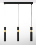 Lampa wisząca Alas z trzema punktami świetlnymi, czarna z metalowymi, złotymi akcentami. Posiada cylindryczne klosze zawieszone na czarnych linkach, zamontowana na prostokątnej podstawie. Idealna do nowoczesnych wnętrz.