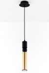 Lampa wisząca Alas z jedną oprawą GU10, o cylindrycznym kształcie. Czarna podstawa z matowego materiału, z metalowym złotym kloszem. Zawieszona na czarnym przewodzie, montowana do sufitu. Prosta forma, eleganckie połączenie kolorów.