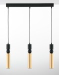 Lampa wisząca Alas 3xGU10 w kolorze czarnym i złotym. Składa się z trzech cylindrycznych źródeł światła z metalicznymi, błyszczącymi elementami oraz czarnymi detalami. Ułożona na prostokątnej podstawie, zawieszona na cienkich kablach.