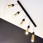 Lampa wisząca Alas z pięcioma oprawami GU10, w kolorze czarnym i złotym. Posiada cylindryczne klosze w złotym odcieniu zawieszone na cienkich czarnych linkach, montowana do sufitu. Klosze emitują ciepłe światło, tworząc nowoczesną aranżację.
