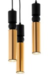 Lampa wisząca Alas z trzema kloszami GU10, w kolorze czarnym i złotym. Klosze mają cylindryczny kształt, wykonane z metalu, zawieszone na czarnych przewodach. Widoczne jest połączenie matowych i błyszczących powierzchni.