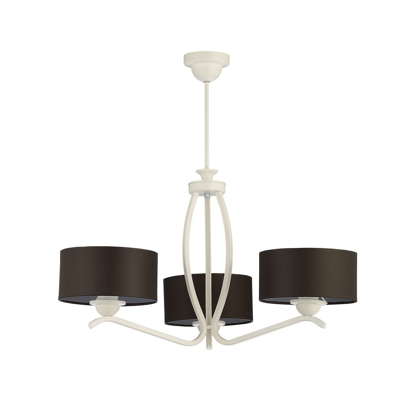 Żyrandol Kaszmir 3xE27 w kolorze białym i brązowym, z trzema okrągłymi kloszami w odcieniu ciemnego brązu. Produkt ma elegancką, metalową konstrukcję z białym wykończeniem, zawieszony na długim przewodzie.
