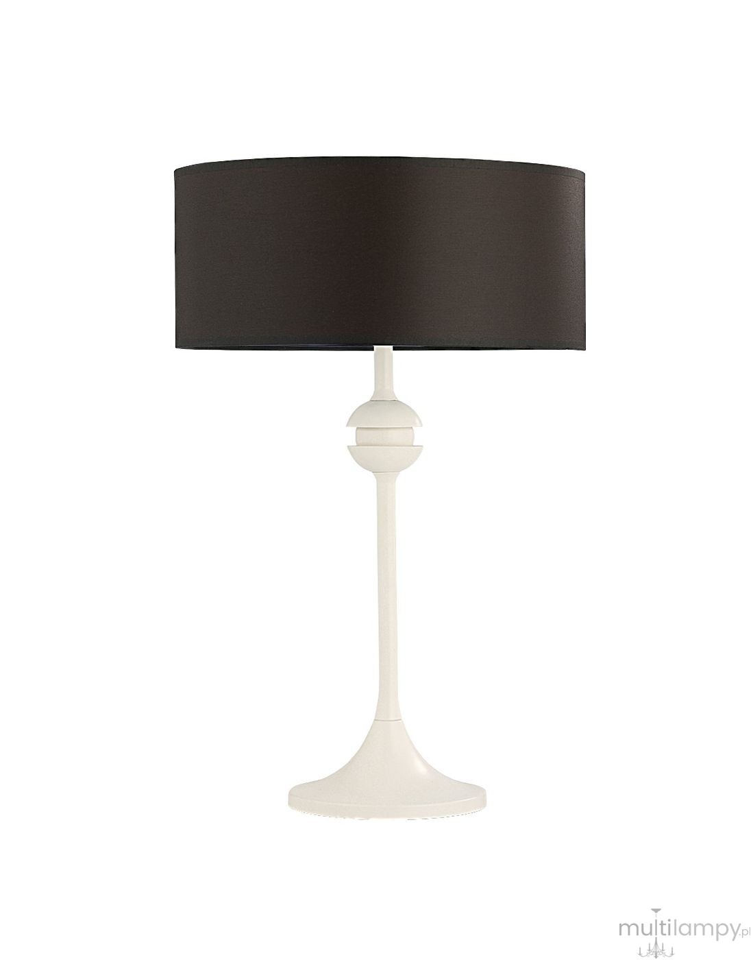 Lampa stołowa Kaszmir 1xE27, z białą podstawą i brązowym, okrągłym kloszem. Ujęcie frontalne, stojąca, z eleganckim, prostym designem. Idealna do wnętrz nowoczesnych i klasycznych.